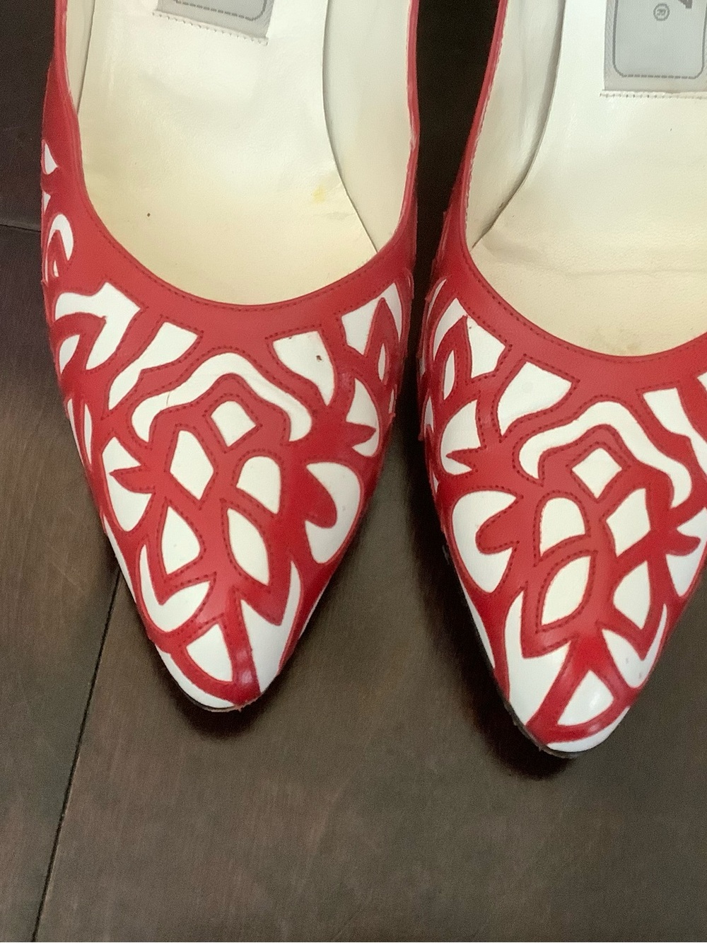 Bally Red and White Laser-Cut Pointed Toe Pumps - Picture 2 of 7